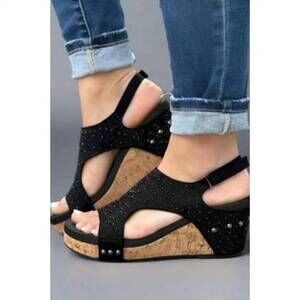 NEW MAKERS women's rhinestone cork wedge slingback sandals in black